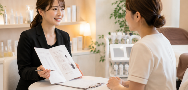 サロンオーナーと打ち合わせする担当者